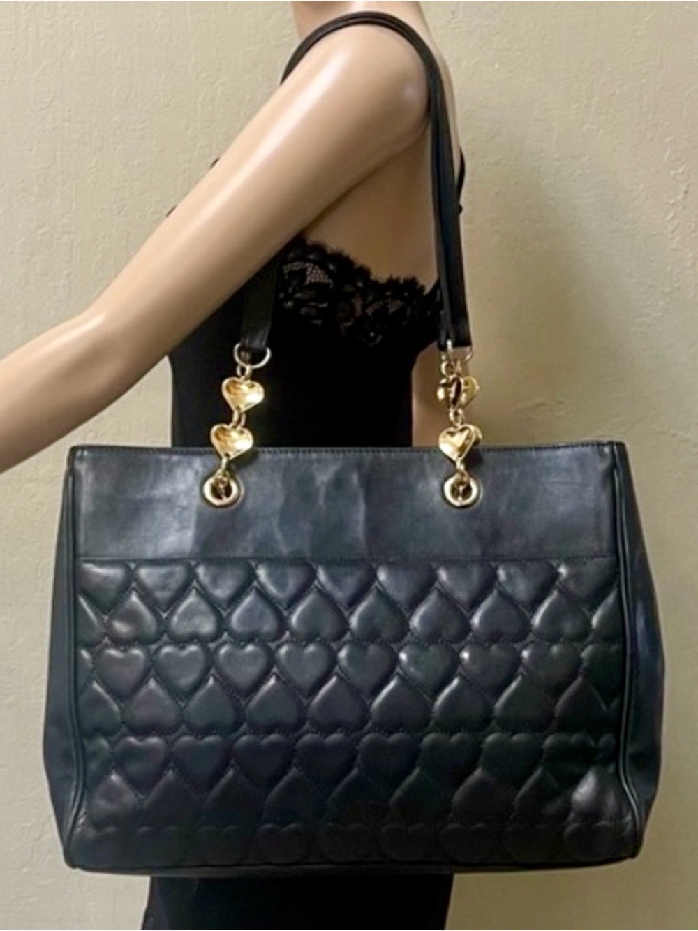 MOSCHINO VTG 90s Quilted Leather Tote Bag w/ Gold Heart Chain Detail Rare